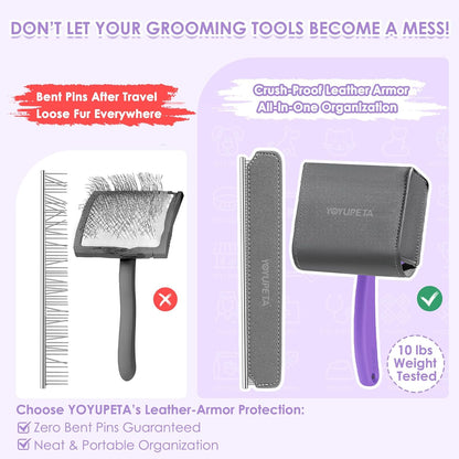 Large Dog Slicker Brush & Comb Set with Leather Sleeves - Long Pin Deshedding Brush for Golden Retrievers, Poodles, Doodles & Thick Coats, Wood Handle Pet Grooming Kit for Dogs, Cats. Purple