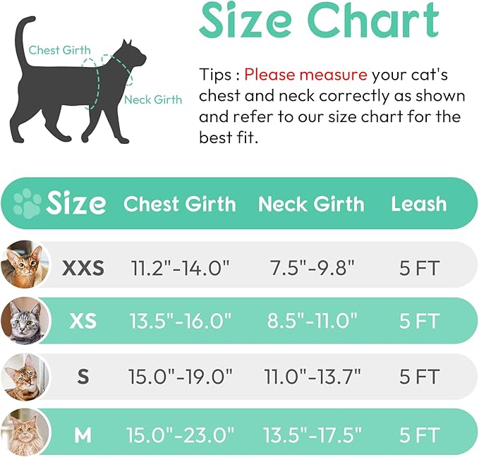 Dooradar Cat Harness and Leash Set, Escape Proof Safe Adjustable Kitten Vest Harnesses for Walking, Easy Control Soft Breathable Mesh Jacket with Reflective Strips for Cats, Green, S