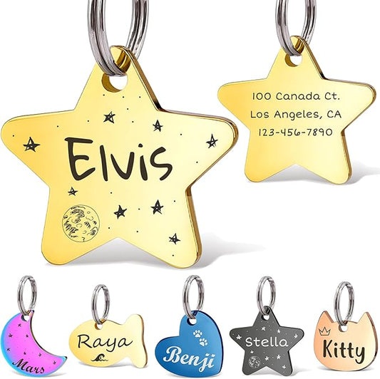 Anavia Small Size Dog Cat ID Tags, Small/XS Personalized Color Plated Stainless Steel Puppy Kitten Name Tags, Customized Engraved Nameplate Pet Collar Tag (Gold, Star)
