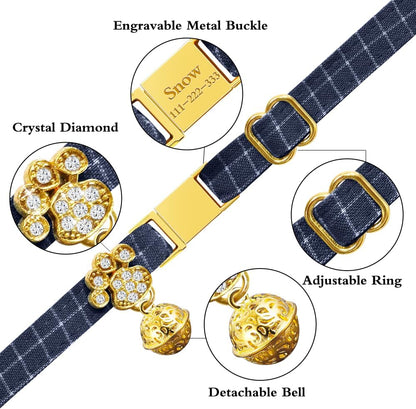 Personalized Breakaway Cat Collars - Magnetic Buckle, Bell - Safety Quick Release, Customized for Girls & Boys Cats- (Checkered-Navy)