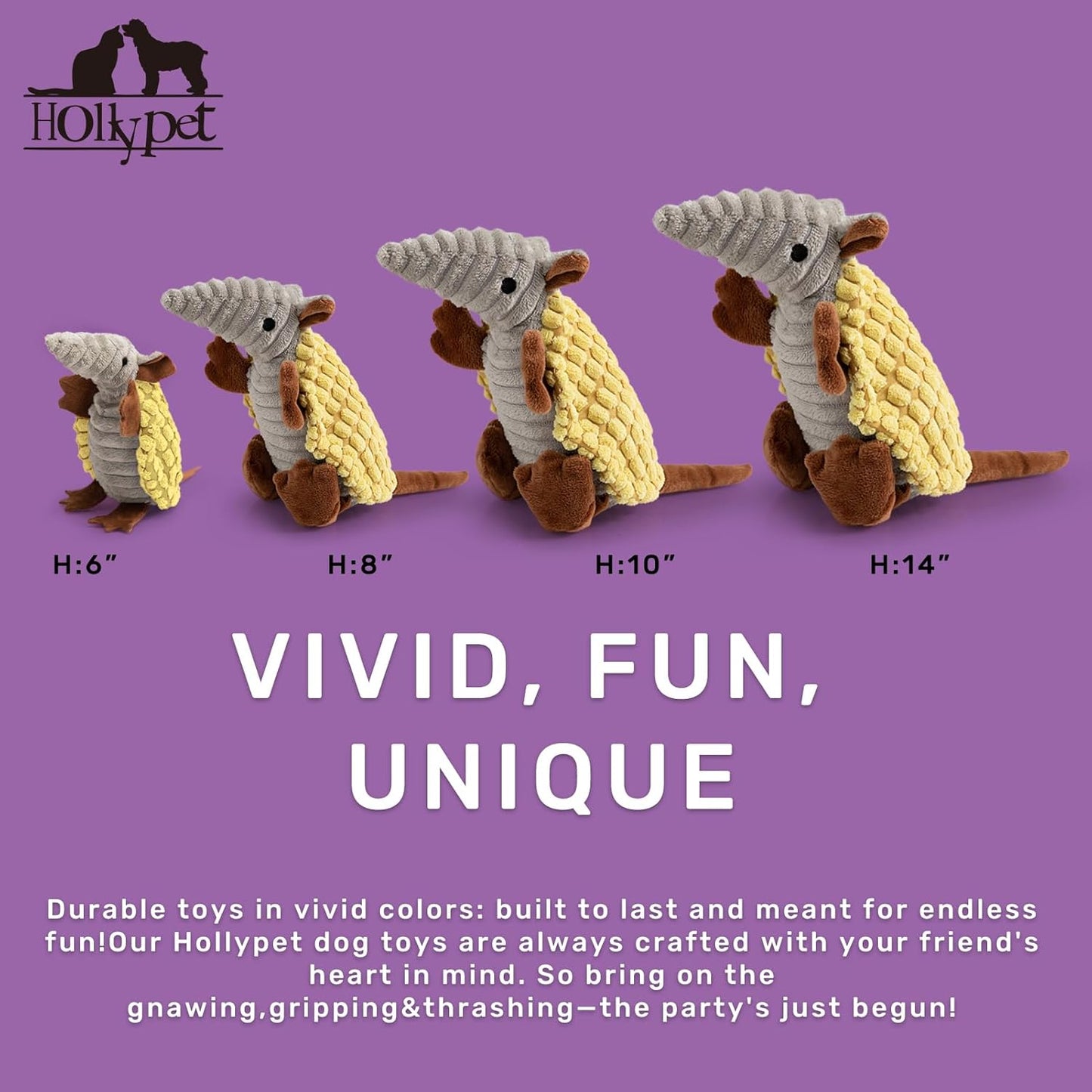 Hollypet Plush Dog Squeaky Toy Stuffed Armadillo Animal Pet Puppy Chew Toys with Clean Teeth for Small Medium Large All Breed Sizes Dogs, Yellow, 8 in