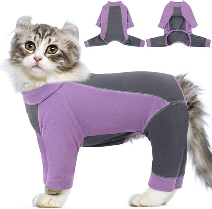 SUNFURA Hair Sticky Cat Clothes, Cat Sweater for Cats Only, 4-Legged Fleece Sweaters Kitten Pajamas Reduce Shedding Fur, Warm Pullover Shirts for Cats, Purple L