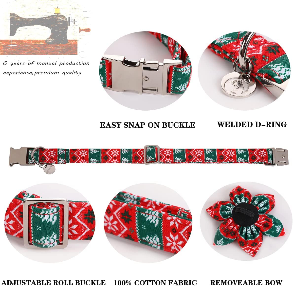 DOGWONG Christmas Dog Collar with Flower, Red Green Strip Snowflake Dog Collar Soft Durable Adjustable Cotton Puppy Collar for Small Medium Large Dog