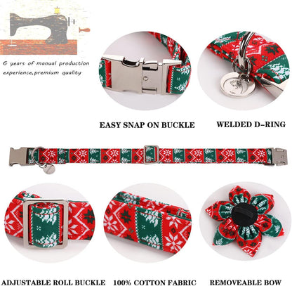 DOGWONG Christmas Dog Collar with Flower, Red Green Strip Snowflake Dog Collar Soft Durable Adjustable Cotton Puppy Collar for Small Medium Large Dog