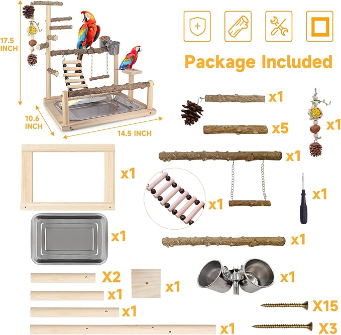 Bird Playground Natural Parrot Toys Perch Stand Cockatiel Swing with Chew Toys Parrot Platform with Feeder Cups Parakeet Playground Bird Cage Play Stand for Conure Parakeet Cockatiel
