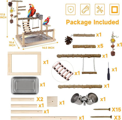 Bird Playground Natural Parrot Toys Perch Stand Cockatiel Swing with Chew Toys Parrot Platform with Feeder Cups Parakeet Playground Bird Cage Play Stand for Conure Parakeet Cockatiel