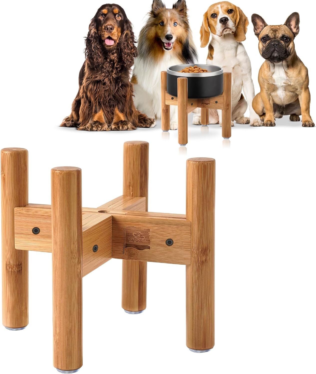 Dog Bowl Stand (9-inch Tall) for Medium Breeds - Use to Raise, Elevate Dog Food/Water Single Bowls and Feeders, Adjustable - Bamboo