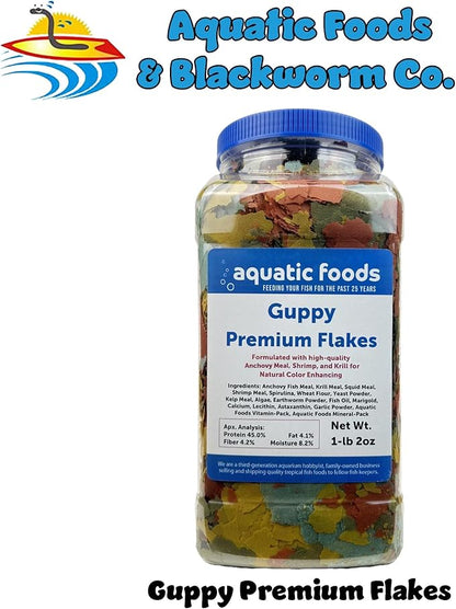 Aquatic Foods Inc. Premium Guppy and Endler Flake Food Also for Tetras, Zebras, All Nano and Micro Fish Also Pellet Mix, Wafer Mix Included…1-lb 2oz