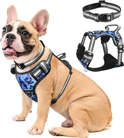 WINSEE Dog Harness No Pull, Pet Harnesses with Dog Collar, Adjustable Reflective Oxford Outdoor Vest, Front/Back Leash Clips for Small, Medium, Large, Extra Large Dogs, Easy Control Handle for Walking