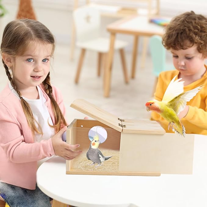 PINVNBY Nesting Box for Birds,Wooden Parakeet Nest Box with Detachable Board Transparent Visual Cockatiel House for Budgie Lovebird Conure Parrot (XL)