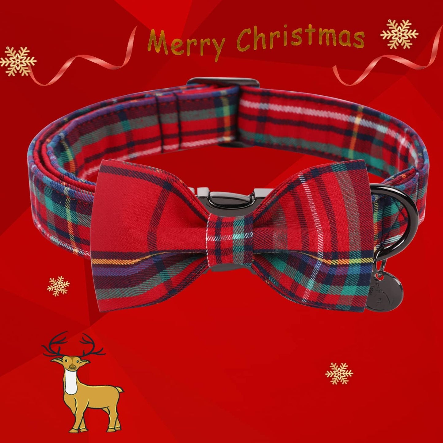 DOGWONG Christmas Dog Collar with Bow tie, Red Plaid Dog Collar Soft Durable Adjustable Cotton Red Tartan Gingham Puppy Collar for Small Medium Large Dog