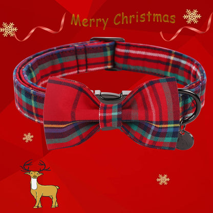 DOGWONG Christmas Dog Collar with Bow tie, Red Plaid Dog Collar Soft Durable Adjustable Cotton Red Tartan Gingham Puppy Collar for Small Medium Large Dog