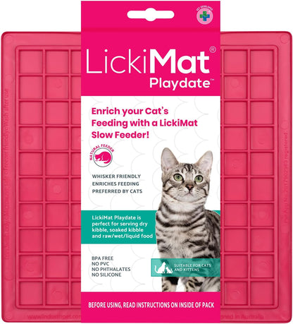 LickiMat Classic Playdate, Cat Slow Feeder Lick Mat, Boredom Anxiety Reducer; Perfect for Food, Treats, Yogurt, or Peanut Butter. Fun Alternative to a Slow Feed Cat Bowl or Dish, Pink