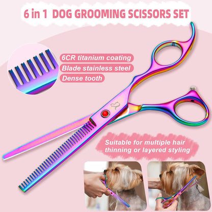 Dog Grooming Scissors,Rainbow Curved Chunkers Shears with Safety Round Tips,Sharp and Durable 6 in 1 Dog Scissors for Grooming