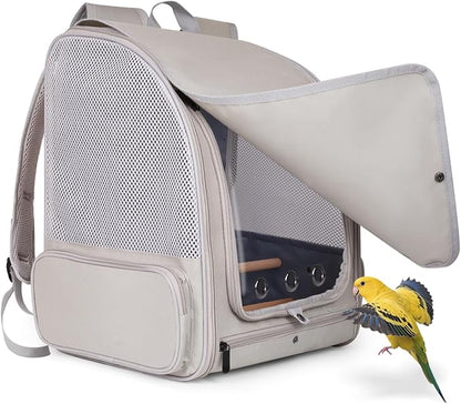 Bird Backpack Carrier with Front Zipper Opening, Portable Bird Travel Carrier Cage with 2 Standing Perches and Metal Tray, Breathable Transport Bag for Parakeet, Budgie, Conure, Cockatiel, Parrot