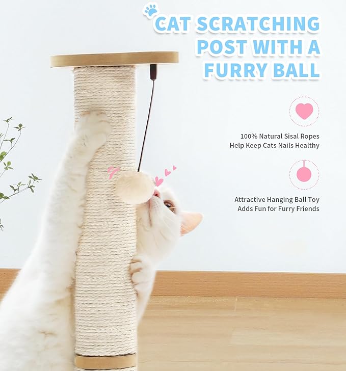 Made4Pets Cat Scratching Post Cat Scratcher Kitten Toys for Indoor Cats Wooden Ball Track Two-Layer Modern Sisal 23.4" Tall Scratch Post Interactive Toy with Dangling Ball Middle Size