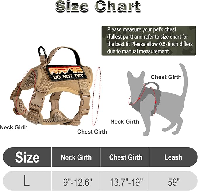 Tactical Cat Harness and Leash Set for Walking, Adjustable Escape Proof Pet Vest for Large Cat, Easy Control Breathable Vest with Handle，Molle Patches (Khaki+Leash, L)