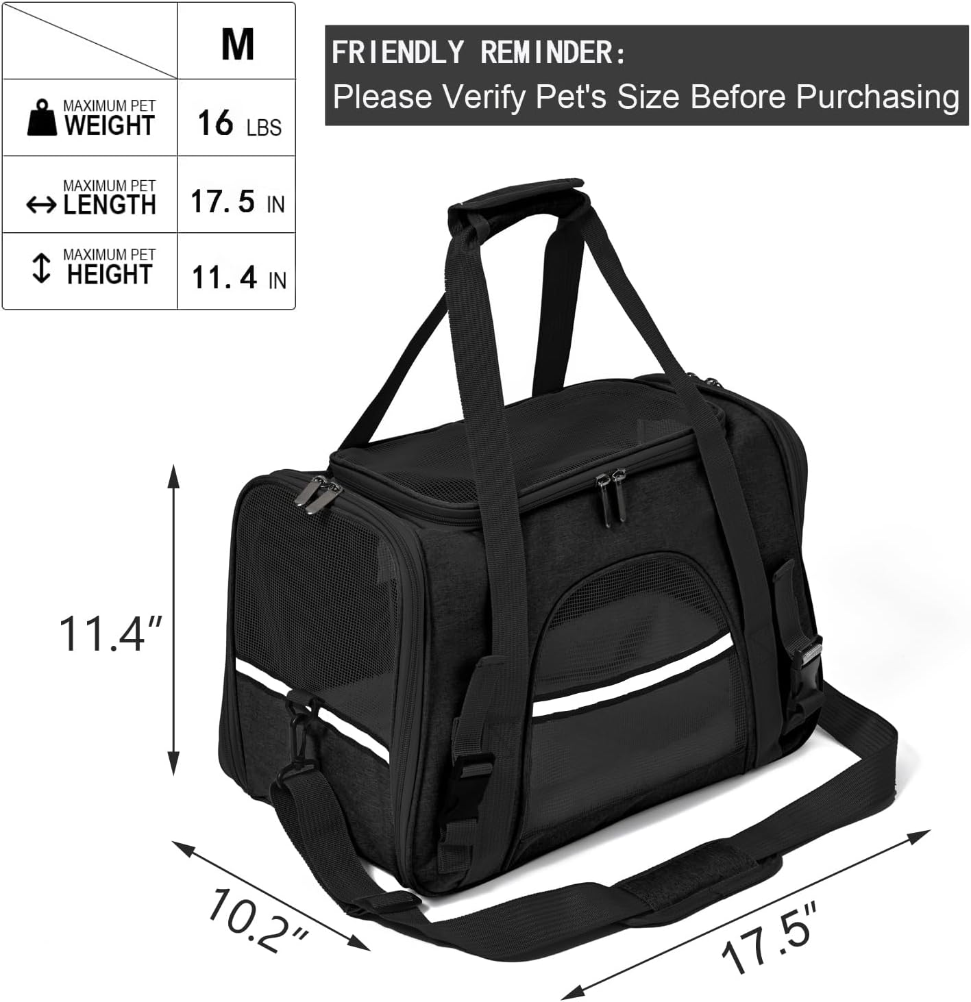 Dog Cat Carrier Soft for Small Pet Up to 16 Lbs TSA Airline Approved Travel Carrier Collapsible Puppy Car Mesh Bag 17.5 * 10.2 * 11.4 inch - Black
