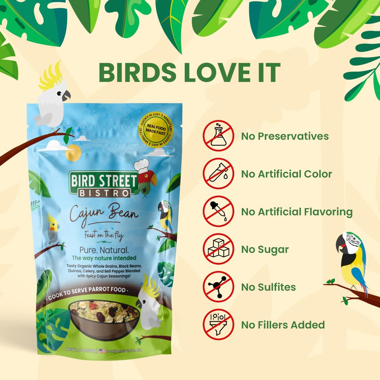 Bird Street Bistro Parrot Food for Parakeets & Cockatiels - Cajun Bean - 20 oz - Cooks in 3-15 min, Natural & Organic Grains, Fruits & Vegetables - USA Made