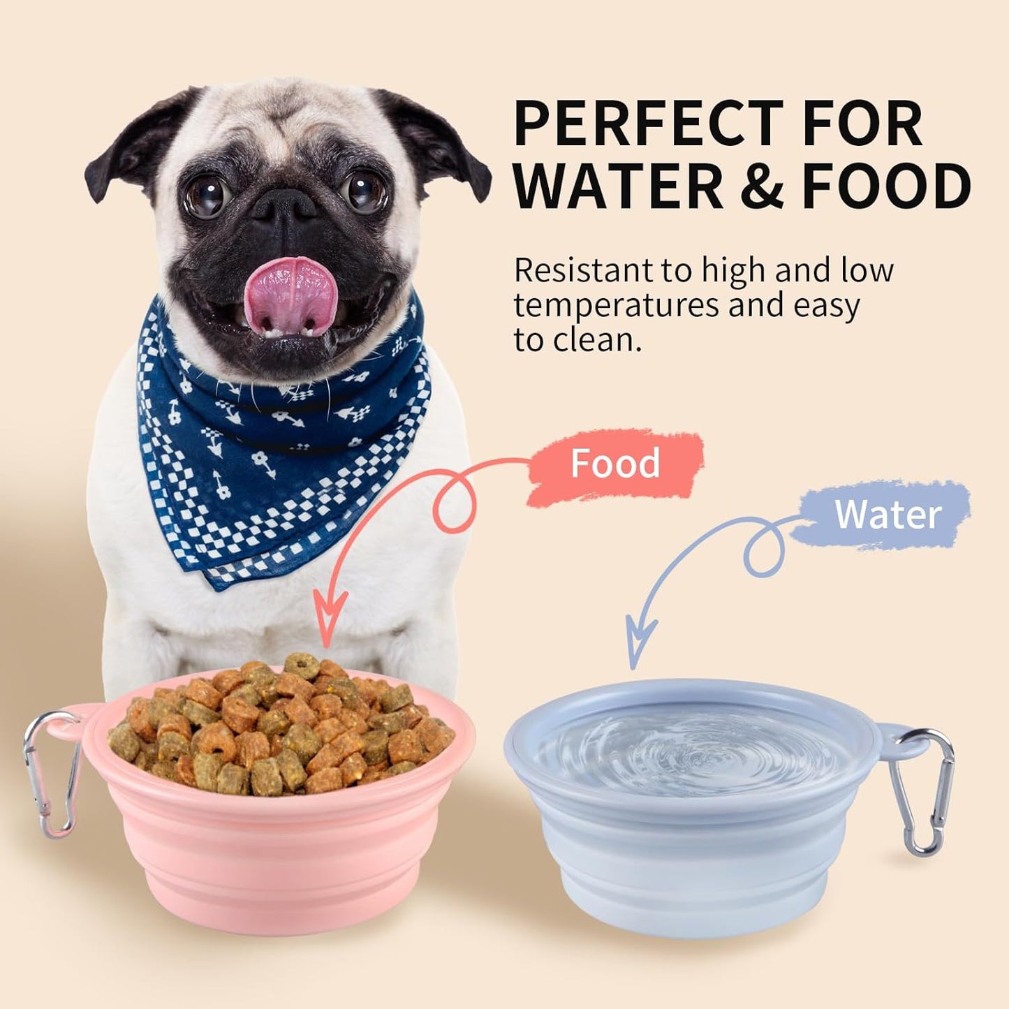 Collapsible Dog Bowls 2-Pack, Portable Travel Dog Bowl with Carabiner, Food-Grade Silicone Pet Bowl for Hiking, Walking(Macaron Pink and Blue)