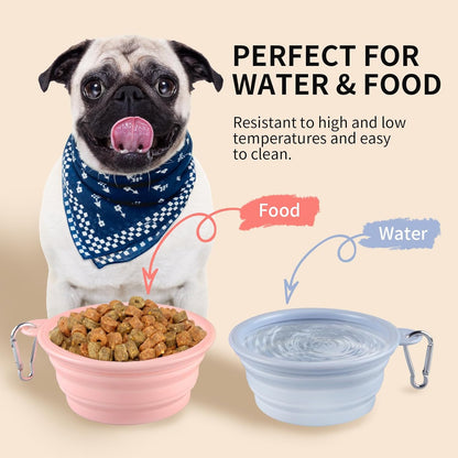 Collapsible Dog Bowls 2-Pack, Portable Travel Dog Bowl with Carabiner, Food-Grade Silicone Pet Bowl for Hiking, Walking(Macaron Pink and Blue)