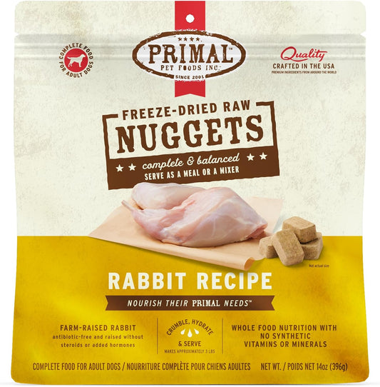 Primal Freeze Dried Raw Dog Food Nuggets, Rabbit, Complete & Balanced Meal, Also Use as Topper or Treat, Premium, Healthy, Grain Free, High Protein Raw Dog Food, 14 oz