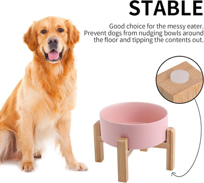 Pink Elevated/Raised Dog Bowl Ceramic for Medium Large Sized Breed,Dog Food Water Bowl with Stand,8 in 7.6 Cups Non Slip Heavy Weighted