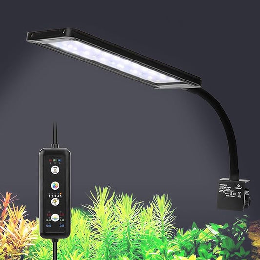 fishkeeper Clip On Aquarium LED Light, 24/7 Mode Full Spectrum Fish Tank Light with Timer, Adjustable 8 Color / 5 Brightness Simulate Sunrise-Day-Sunset-Moon for 11.81-16.92 inch Planted Tank 12W