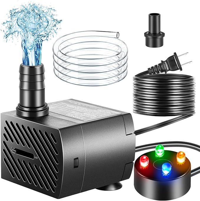 Submersible Pump, Small Fountain Pump with Tubing, Submersible Water Pump for Aquarium Fish Tank Indoor or Outdoor Pond Fountain Hydroponics Statuary (5W 95GPH, With Led Light)