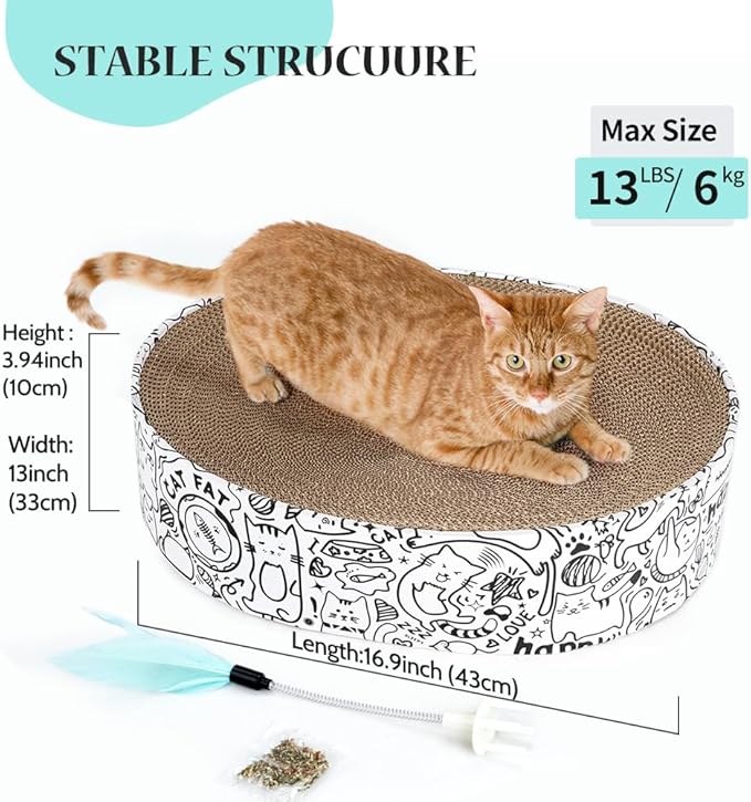 Cat Scratcher Cardboard 2in1 Oval Cat Scratcher Bed for Indoor Cats Cat Scratch Pad Bowl with Scratching Toy Corrugated Lounge Bed&Furniture Protector &Training Toy XL(Graffiti
