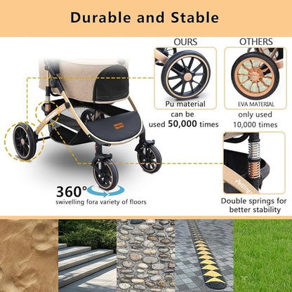 Pettingzoo Dog stroller with 4 Wheels, Folding Cat Stroller for Small/Medium/Large dogs & cats to 60 lbs, pet stroller with removable carrier, Storage BasketCup Holder,3 in1 Multifunctional Detachable