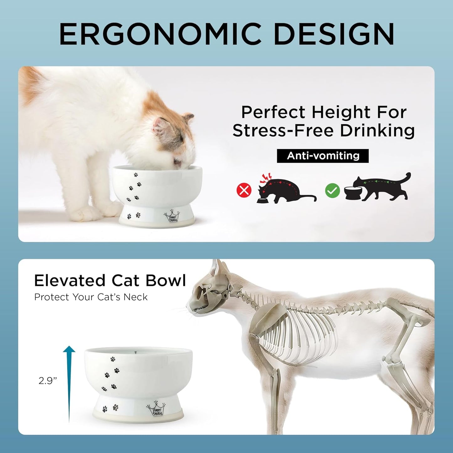 Necoichi Elevated Cat Water Bowl – Ceramic Raised Cat Bowl, Prevents Neck & Whisker Fatigue – Dishwasher & Microwave Safe – Pet Water Bowl for Cats (Cat, Regular)
