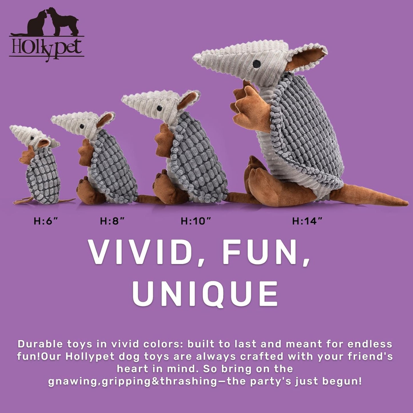 Hollypet Plush Dog Squeaky Toy Stuffed Armadillo Animal Pet Puppy Chew Toys with Clean Teeth for Small Medium Large All Breed Sizes Dogs, Dark Gray, 10 in