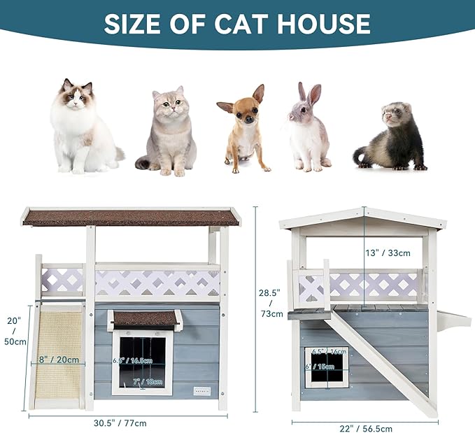 Petsfit Outdoor Cat House Weatherproof, Wooden Outside Feral Cat Shelter with Scratch, 2 Story Cat Houses for Indoor Cats Small Dogs with Escape Door(Gray)