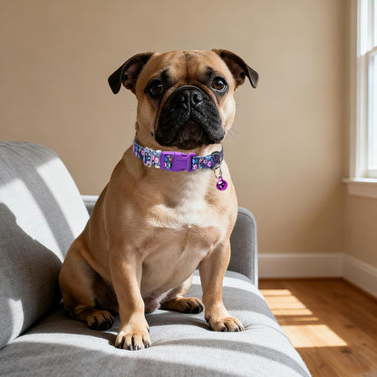 Nylon Dog Collar with Bell for Small Dogs, Adjustable Puppies, Kittens & Small Pets Collar- Purple Floral Design, XXS-XS-S Sizes, Lightweight & Secure Fit, for Pet Owners (S)
