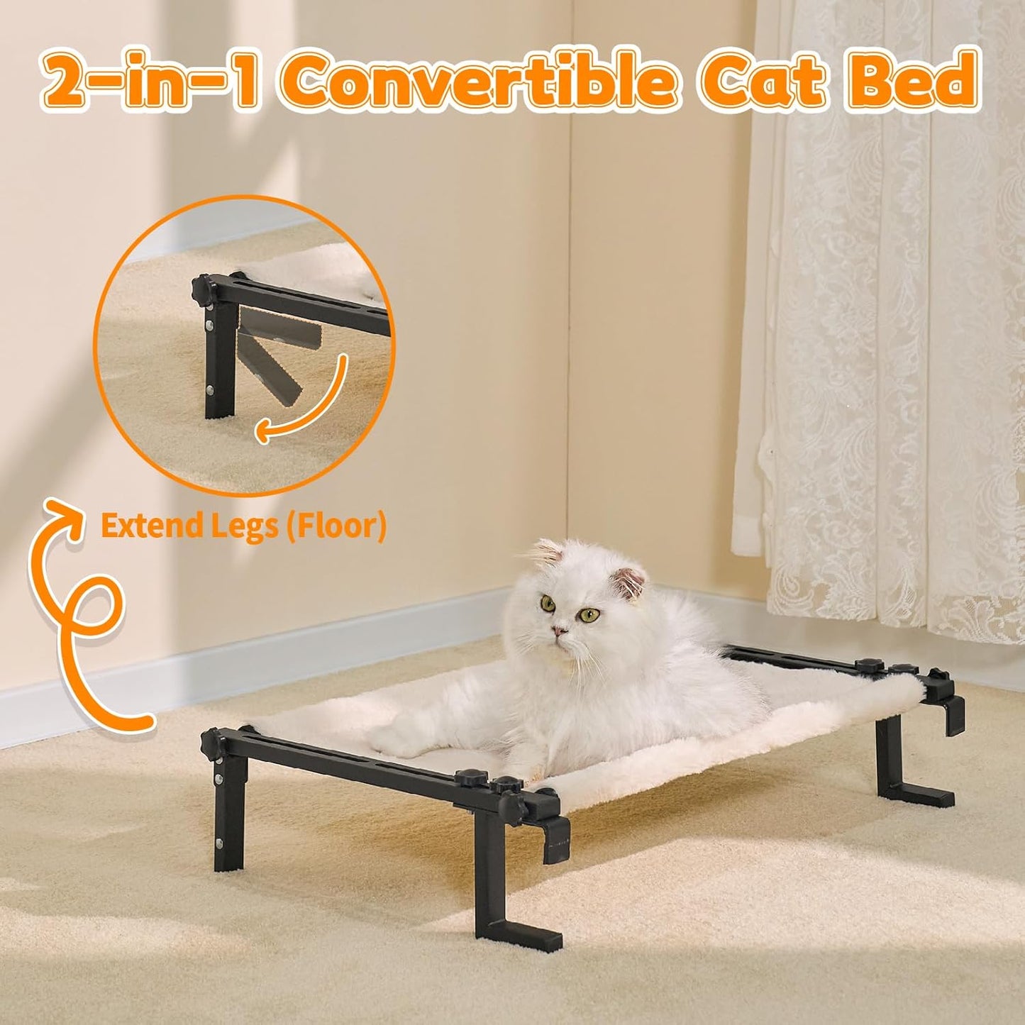 Cat Window Perch Bed Cat Hammock for Window Sill Seat, 2 in 1 Adjustable Large Cats Sleeping Beds with Cushion Steel Frame Kitten Perches for Windowsill, Bedside, Floor (Beige)