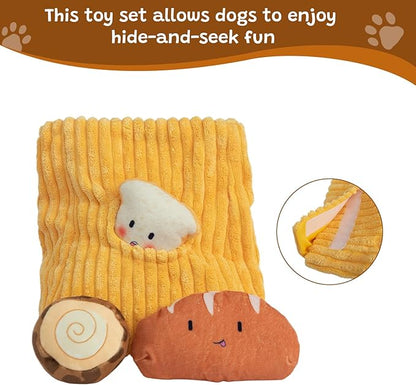 Hollypet Squeaky Dog Toy, Interactive Plush Hide and Seek Dog Toys for Small Medium Sized Dogs and Non-Aggressive Chewers, Puppy Teeth Clean Chew Toys, Bread