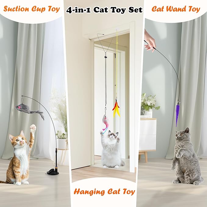 Soarer 4-in-1 Interactive Cat Feather Toys,12Pcs Durable Fishing Pole Cats Feathers Toy Replacements,Enhanced Suction Cup Cats Wand Toy,2 Types Door Hanging Cat String Toys for Indoor Kitten