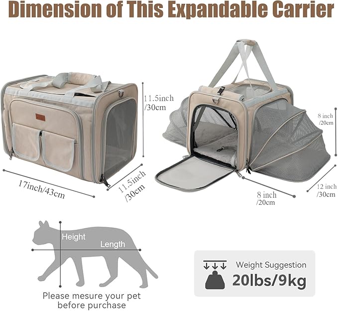 Khaki Dog Carrier Airline Approved,Small Puppy Bag Cats Carriers Soft,Softsides Expandable,Rabbit Bunny Pets Travel Carriers Small Animals Outdoor Carry Kennel