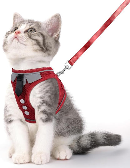 Cat Harness and Leash Set for Walking Escape Proof, Soft Adjustable Kitten Harness Breathable Mesh with Reflective Strips Harness for Kitty Puppy Bunny(Red,XS)