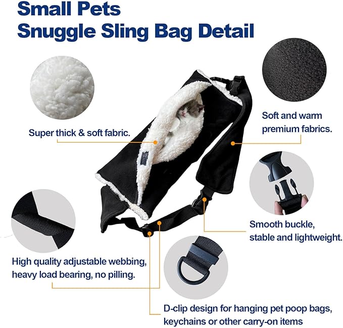 Adjustable Fluffy Bearded Dragon Sling Carrier Bag, Reptile Carrier with Leash Harness Lizard Cage Accessories for Small Animal, Kitty, Ferrets, Squirrel, Hamsters,Parrot (Black)