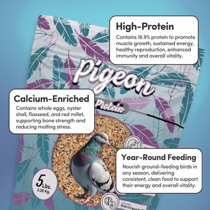 Mycelium High Protein Pigeon Food (5 LB Bag) | Organic Wild Bird Seed for Outside Feeders & Ground Feeding | Calcium Enriched Formula | Filler Free, Non-GMO, Made in USA
