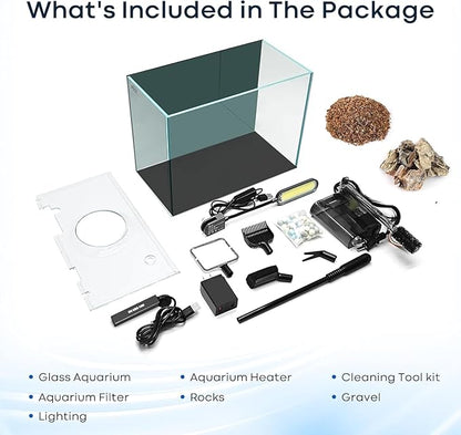 3 Gallon Small Fish Tank Glass Aquarium Set, Starter Kit with Heater Self Cleaning System Filter Bright Light Rocks Gravel Cleaning Tool, Leak-Proof Clear Rimless Desktop Spaces Saving Betta Fish