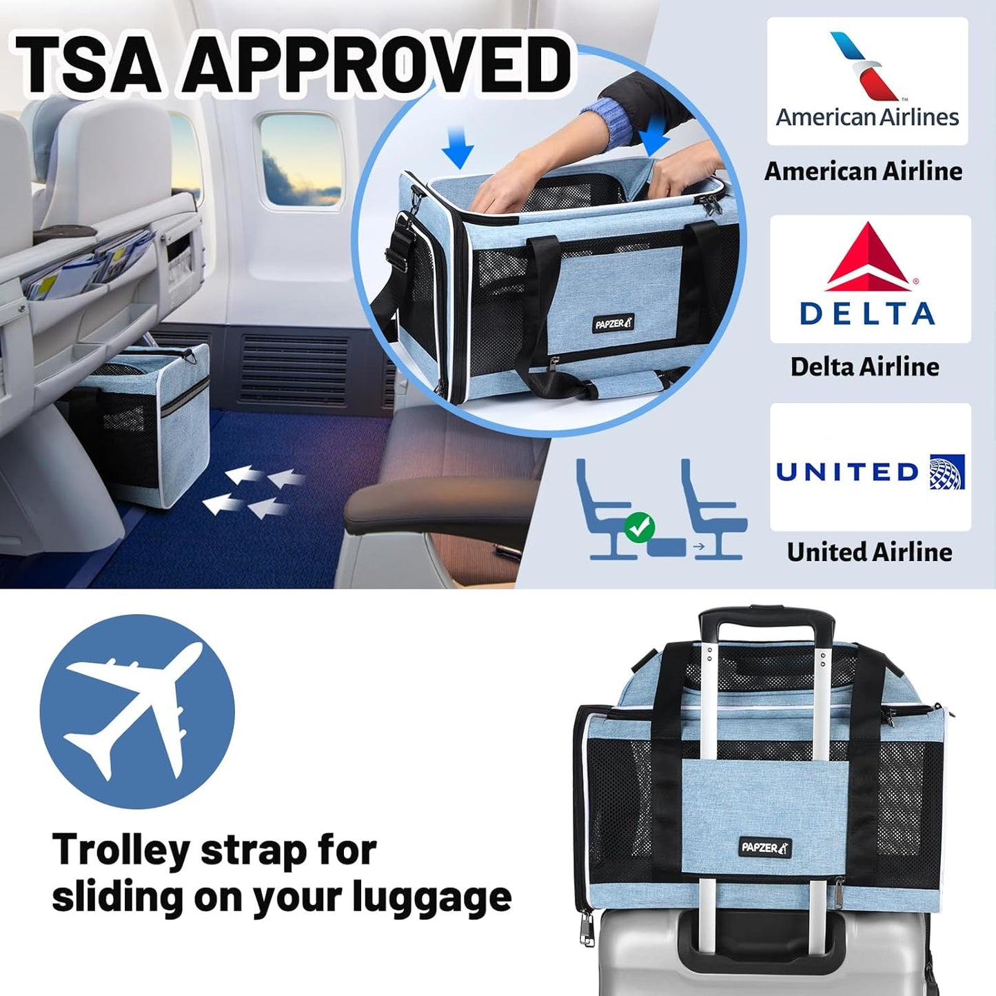 Cat Carrier Top-Expandable 18x11x11, United Delta American Airline Approved Dog Carrier, Soft Pet Carry-On Bag Underseat in Cabin, Puppy Air Travel Crate Kitten TSA Plane Carrying Case Blue