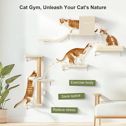 FUKUMARU Cat Wall Shelves, Stable & Safe 4 in 1 Large Cat Walls Furniture Set, Wooden Kitten Climbing Wall with Scratching Post for 16 Inch Drywall - Beige