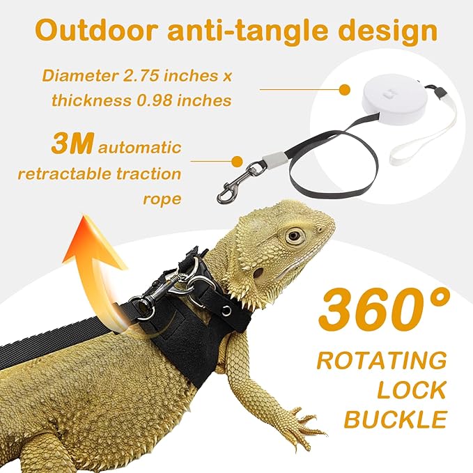 Bearded Dragon Leash and Harness Set - 3-Size Adjustable Soft Leather Vest with Retractable Leash, Easy-Wear Design (Black, 3M)
