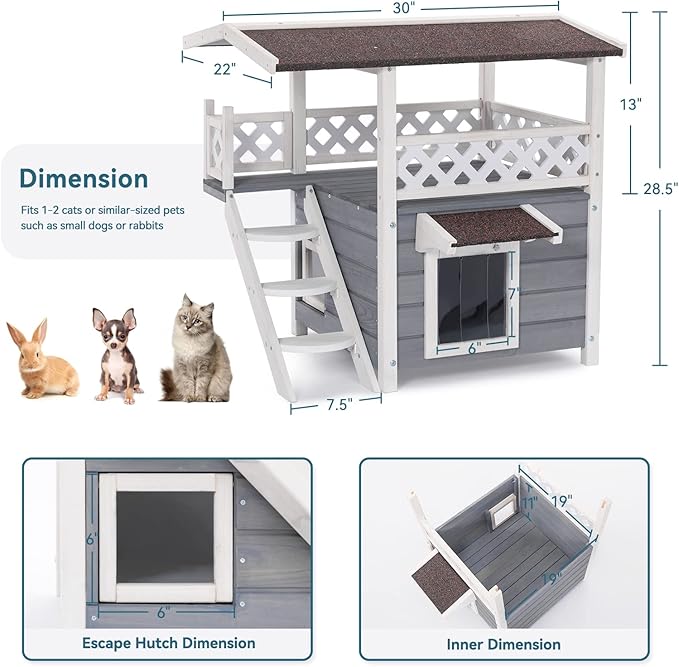 Petsfit Outdoor Cat House Weatherproof, Wooden Outside Feral Cat Shelter with Stair, 2 Story Cat Houses for Indoor Cats Small Dogs with Escape Door(Gray)