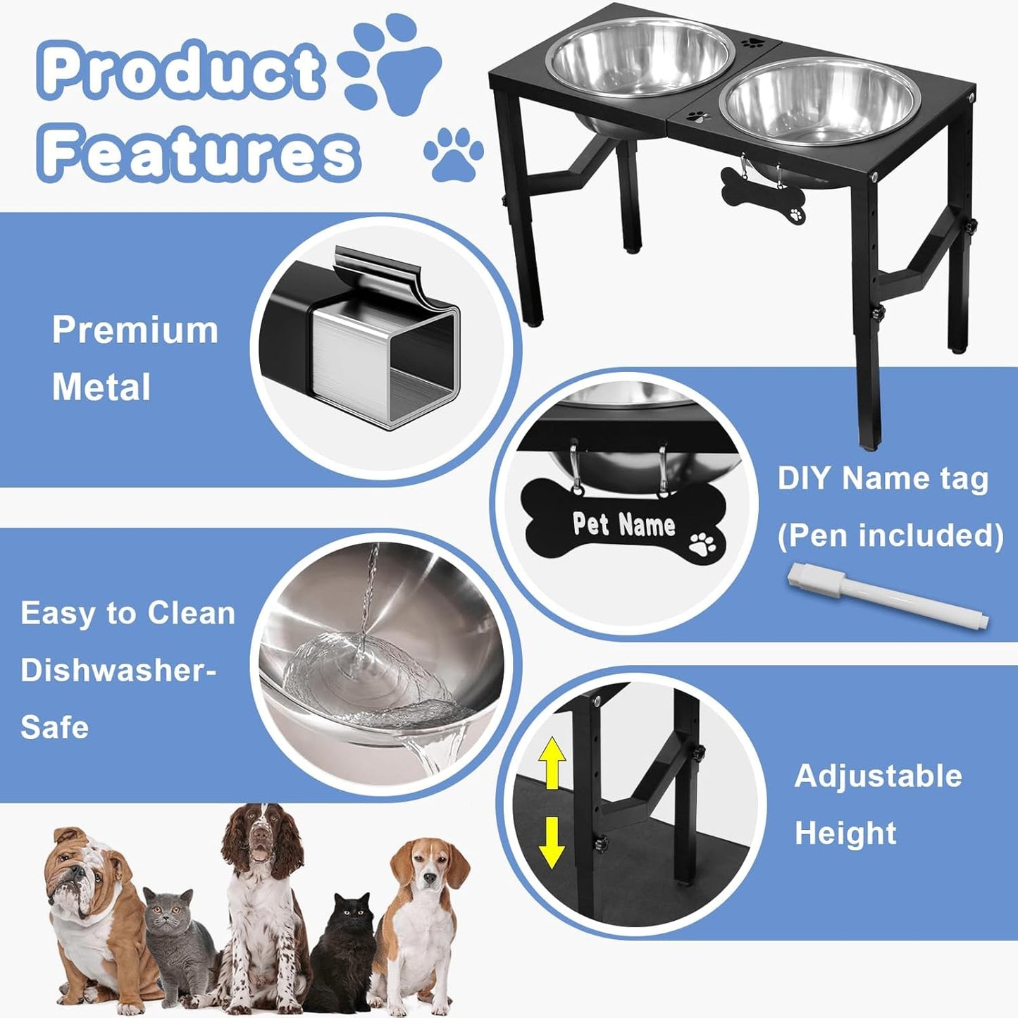 Elevated Dog Bowls, 4 Height Adjustable Metal Raised Bowl Stand with 2 Large 111 oz Stainless Steel Food Bowls & Spill-Proof Mat, Adjusts to 16.2'', 14.4'', 12.6'', 10.8'' for Large/Extra Large Breeds