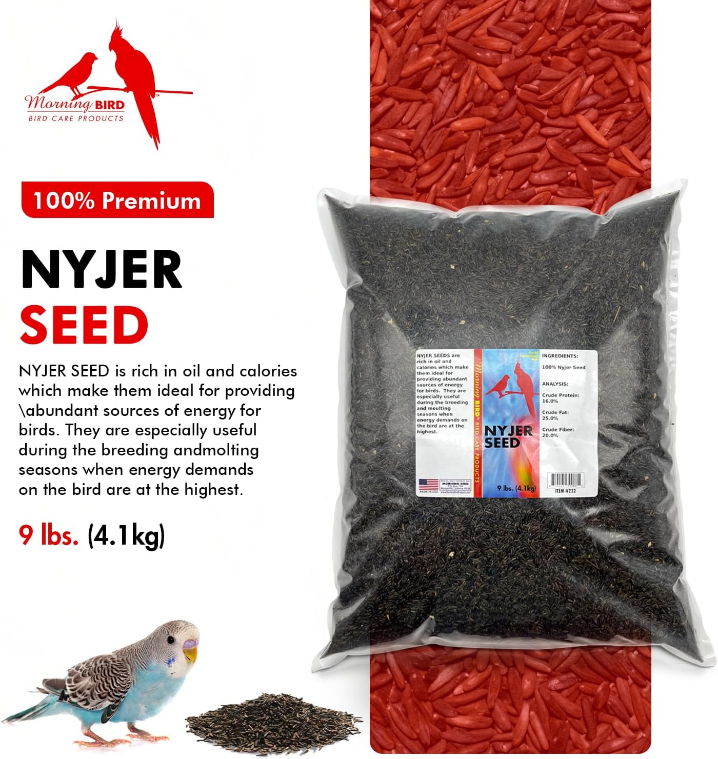 Morning Bird Nyjer Seed for Birds 9 lbs – Energizing Nutrition with Rich in Vitamins and Supplements – Ideal Bird Food for Breeding & Molting – Nyjer & Finch Seed for All Birds