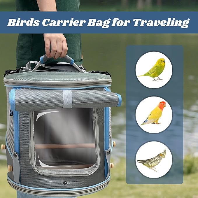 Bird Travel Carrier Cage for Small to Medium Size, Portable Parrot Parakeet Cockatile Conure Transport Cage with Clear Window and Fabric Shade, Round Carry Bird Bag